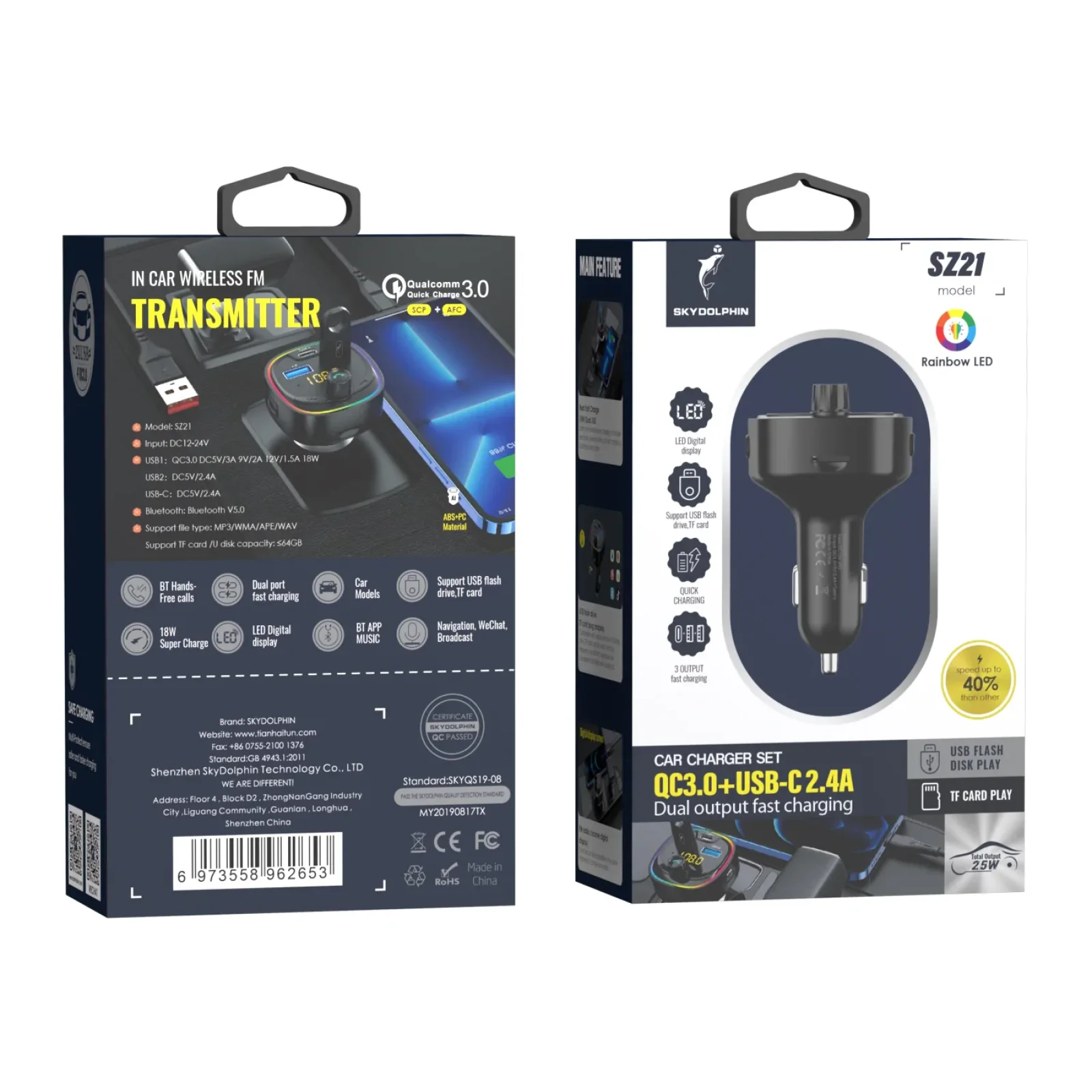 FM-трансмиттер SkyDolphin SZ21 Aluminium/Bluetooth/TF Card/LED/2USB/3.1A/18W Black (SDFMT-000028) UA