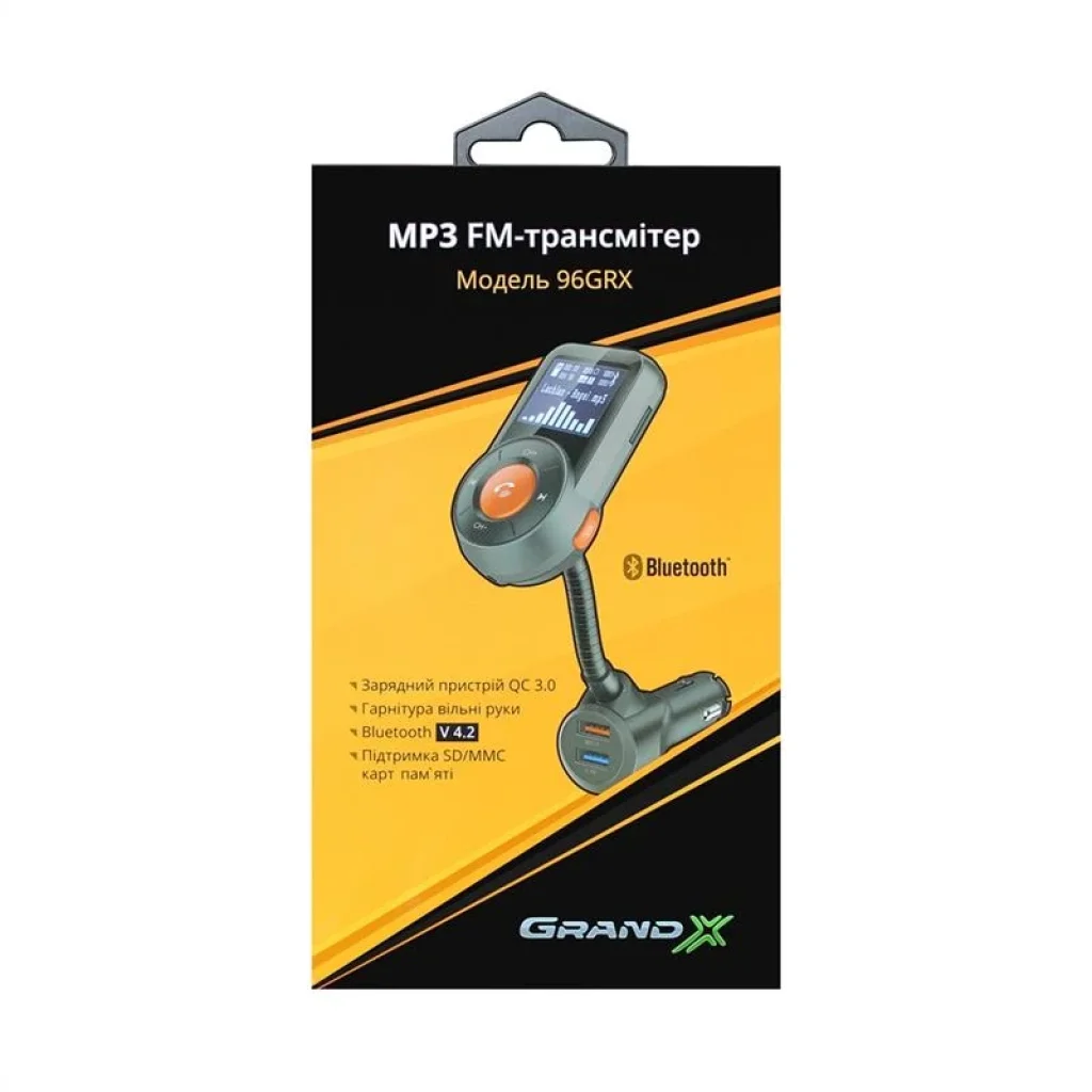 FM-трансмітер Grand-X 96GRX Hands Free Bluetooth V4.2 Quick Charge 3.0+2,4А UA