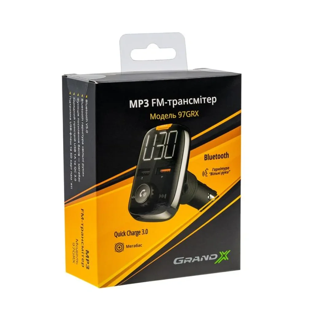 FM-трансмітер Grand-X 97GRX MegaBass Bluetooth V5.0 Hands Free Quick Charge 3.0 UA