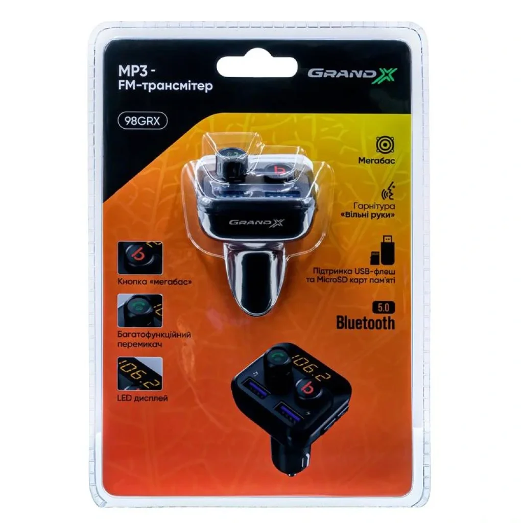 FM-трансмітер Grand-X 98GRX MegaBass Bluetooth V5.0 Hands Free MicroSD, 2хUSB 1A+2.4A UA