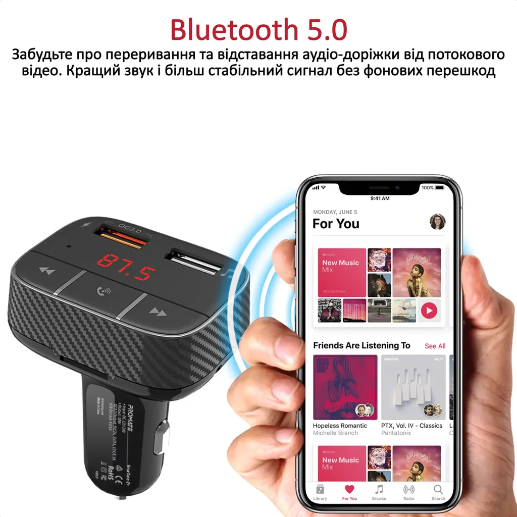 FM-трансмітер Promate SmarTune-2+ Black UA