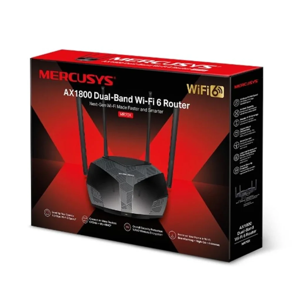 Беспроводной маршрутизатор Mercusys MR70X (AX1800 Wi-Fi 6 (802.11ax), 1хGE WAN, 3хGE LAN, MU-MIMO, Beamforming, 4 антены) UA