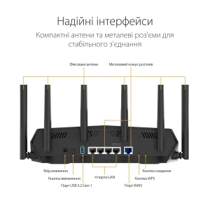 Беспроводной маршрутизатор Asus TUF Gaming AX5400 (TUF-AX5400) (AX5400, Wi-Fi 6, 1xGE WAN, 4xGE LAN, 1xUSB 3.2, поддержка 3G/4G-модема, OFDMA, AiMesh, AURA RGB, 6 внешние антенны) UA