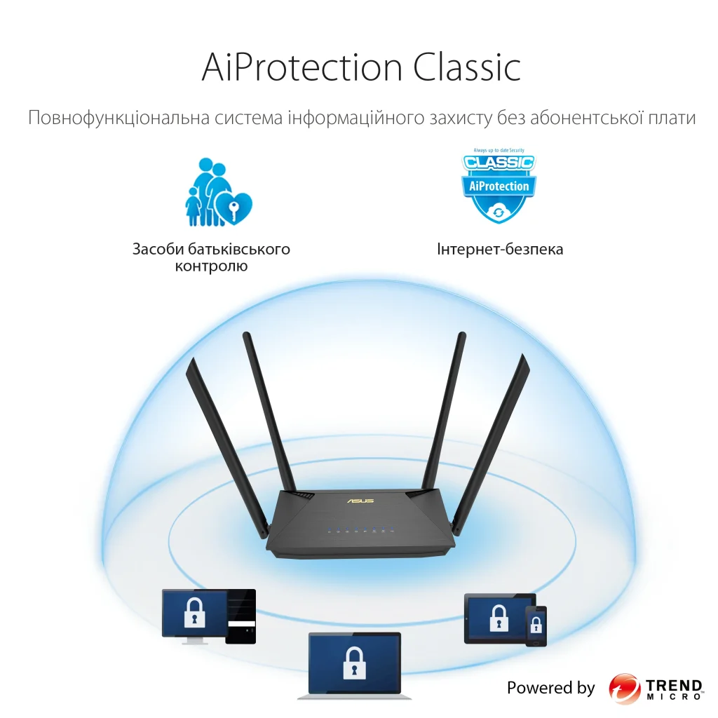 Бездротовий маршрутизатор Asus RT-AX1800U (AX1800, 1xGE WAN, 3xGE LAN, 1xUSB2.0, MU-MIMO, OFDMA, 4 антени) UA
