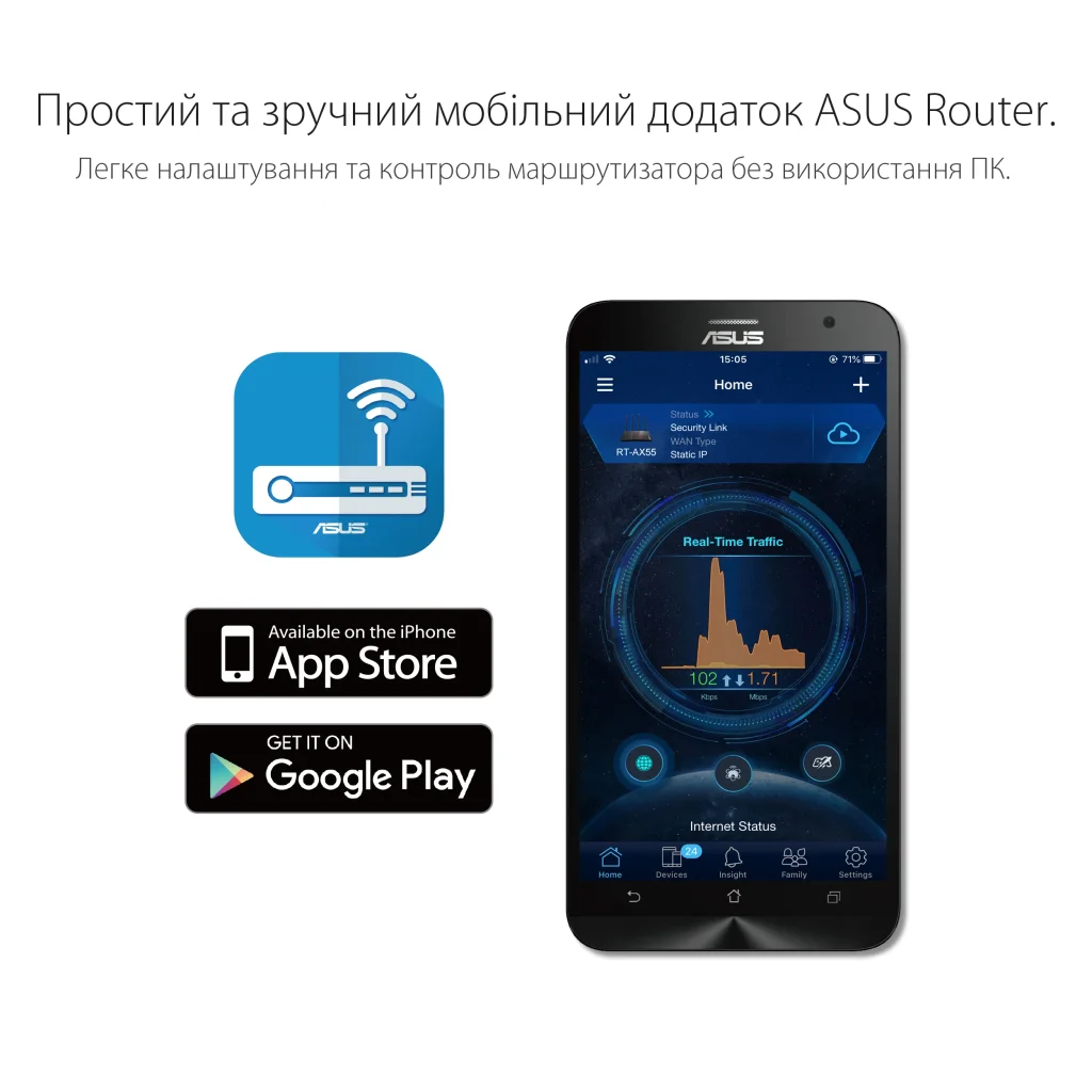 Бездротовий маршрутизатор Asus RT-AX1800U (AX1800, 1xGE WAN, 3xGE LAN, 1xUSB2.0, MU-MIMO, OFDMA, 4 антени) UA