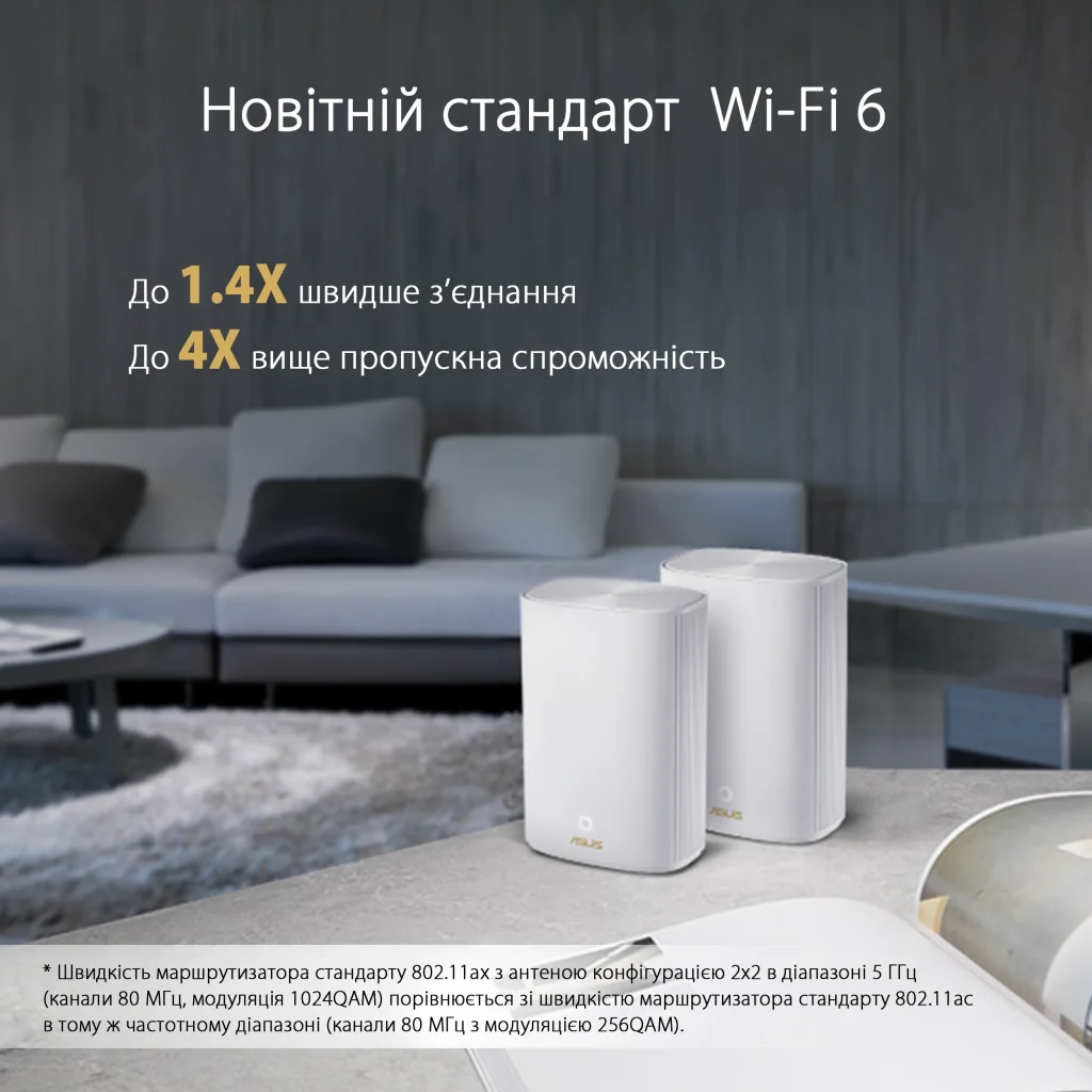Бездротовий маршрутизатор Asus ZenWiFi AX Hybrid (XP4) 2PK White (AX1800, 1xGE WAN, 2xGE LAN, USB 3.2 Gen 1, AiMesh, 4 внутр антени), XP4 (2-PK) White UA