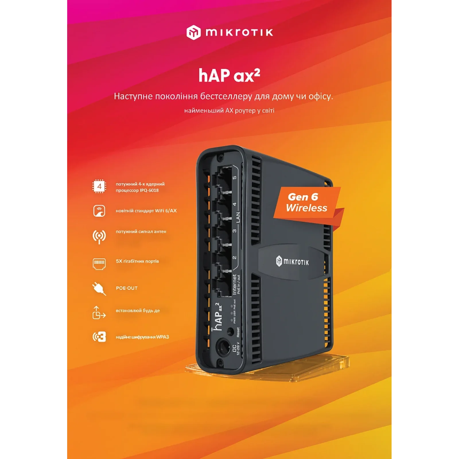 Бездротовий маршрутизатор MikroTik hAP AX2 (C52iG-5HaxD2HaxD-TC) (AX1800, WiFi6, 5xGE, WPA3,POE in/out, антени- 4dBi-2,4G/ 4,5dBi-5G) UA