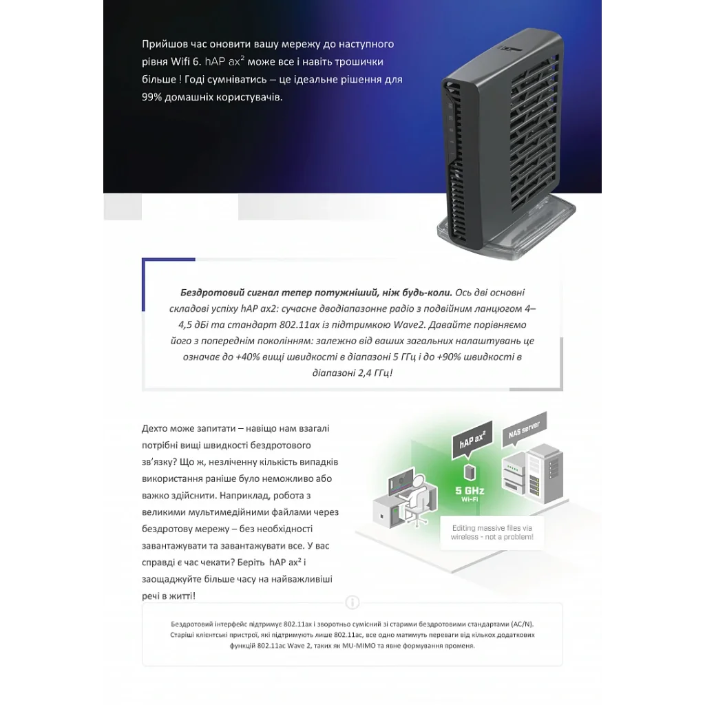 Бездротовий маршрутизатор MikroTik hAP AX2 (C52iG-5HaxD2HaxD-TC) (AX1800, WiFi6, 5xGE, WPA3,POE in/out, антени- 4dBi-2,4G/ 4,5dBi-5G) UA