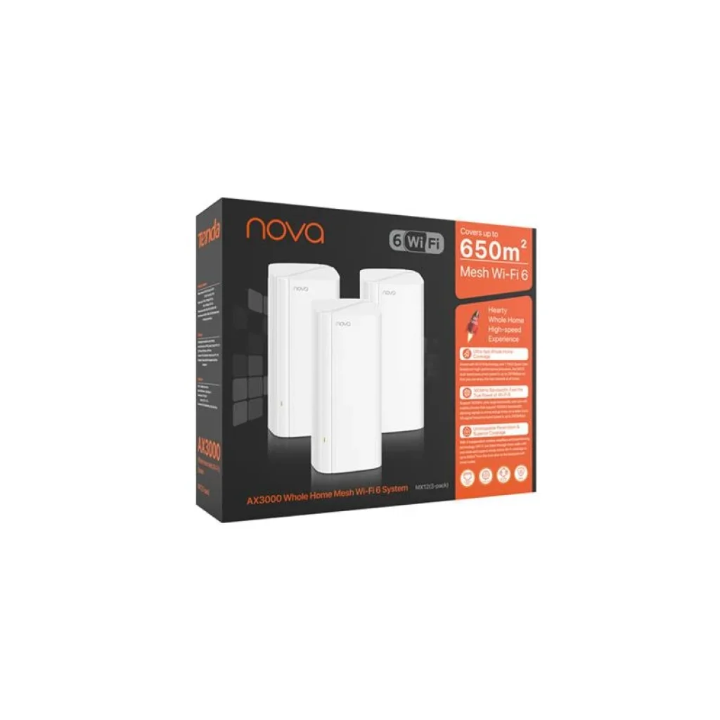 WiFi Mesh система Tenda MX12 (3-pack) (AX3000, 1xGE WAN/LAN, 2xGE LAN, 4x3dBi Internal antenna), MX12(3-pack) UA