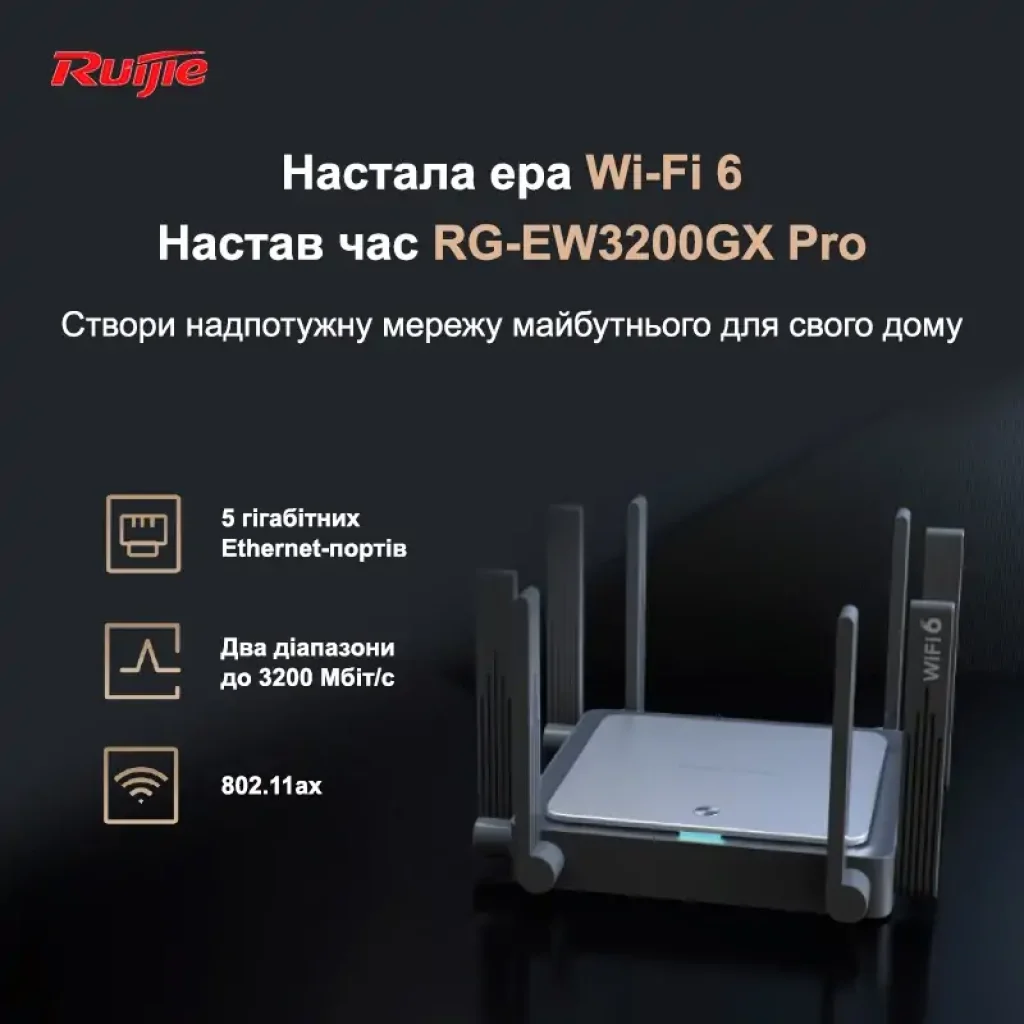 Беспроводной маршрутизатор Ruijie Reyee RG-EW3200GX PRO (AX3200, WiFi6, 1xGE Wan, 4xGE LAN, MU-MIMO, Ruijie Cloud/App, Reyee MESH, 8x внешн антен) UA