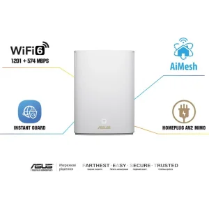 Бездротовий маршрутизатор Asus ZenWiFi AX Hybrid (XP4) 1PK White (AX1800, 1xGE WAN, 2xGE LAN, USB 3.2 Gen 1, AiMesh, 4 внутр антени), XP4 (1-PK) White UA
