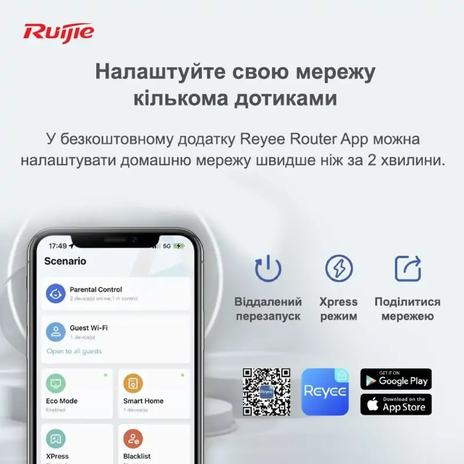 Бездротовий маршрутизатор Ruijie Reyee RG-EW1200 (AC1200, 1xFE Wan, 3xFE LAN, Reyee MESH, 4 антени) UA