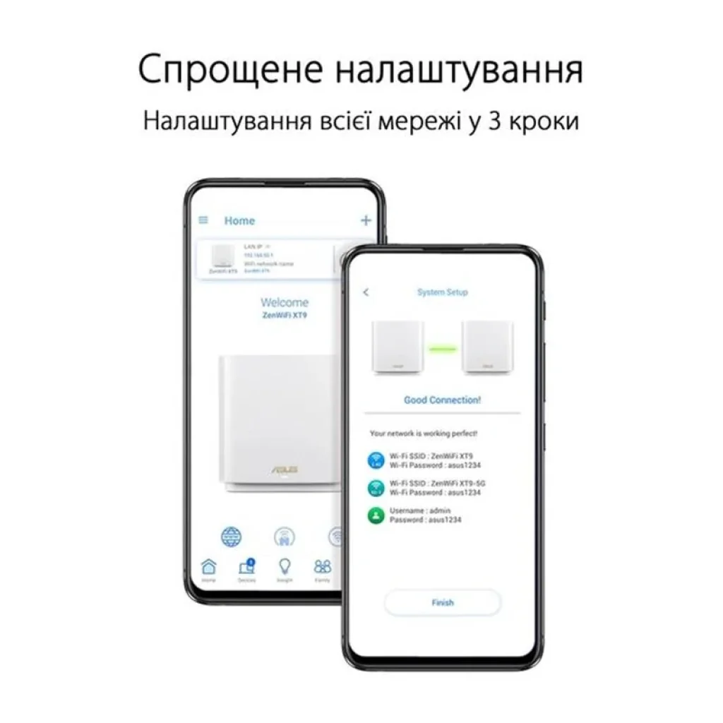 Бездротовий маршрутизатор Asus ZenWiFi XT9 White 1pk (XT9-W-1-PK/90IG0740-MO3B60) (AX7800, 1x2.5GE WAN, 4xLAN, 1xUSB 3.2 Gen 1, AiMesh, AiProtection, 6 внутрішніх антен) UA