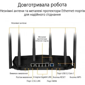 Бездротовий маршрутизатор Asus TUF Gaming AX6000 (TUF-AX6000) (AX6000, 1x2.5GE WAN, 1x2.5GE LAN, 4xGE LAN, AURA RGB lighting, 6 зовнішніх антен) UA