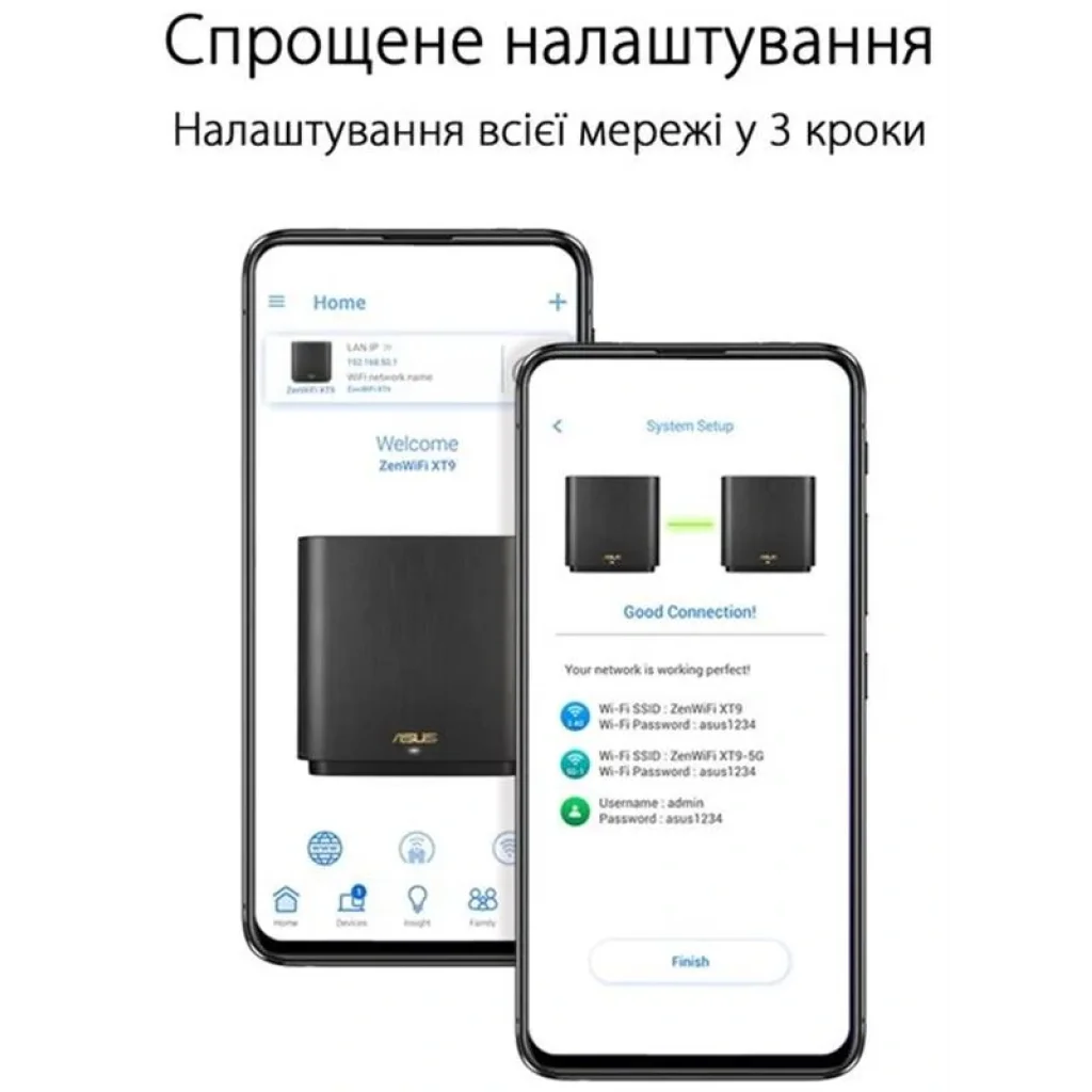 Wi-Fi Mesh система Asus ZenWiFi XT9 White 2pk (90IG0740-MO3B40) (AX7800, 1x2.5GE WAN, 3xGE LAN, 1xUSB 3.2 Gen 1, AiMesh, AiProtection, 6 внутрішніх антен) UA