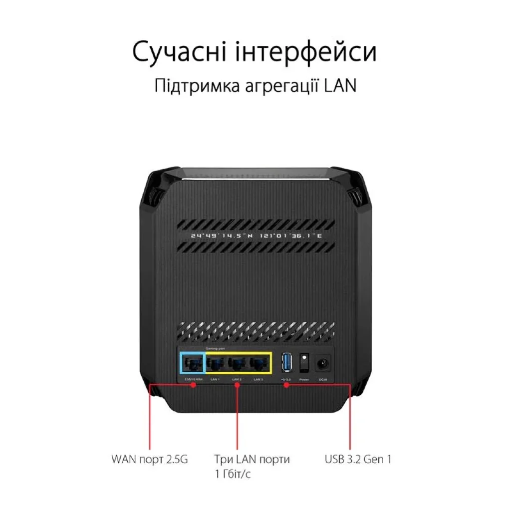 Бездротовий маршрутизатор Asus ROG Rapture Gaming Mesh System GT6 (2PK black) (AX10000, 1x2.5G WAN, 3xGE LAN, 1xUSB 3.2 Gen 1 x 1, 9 внутрішніх антен), GT6(B-2-PK) UA