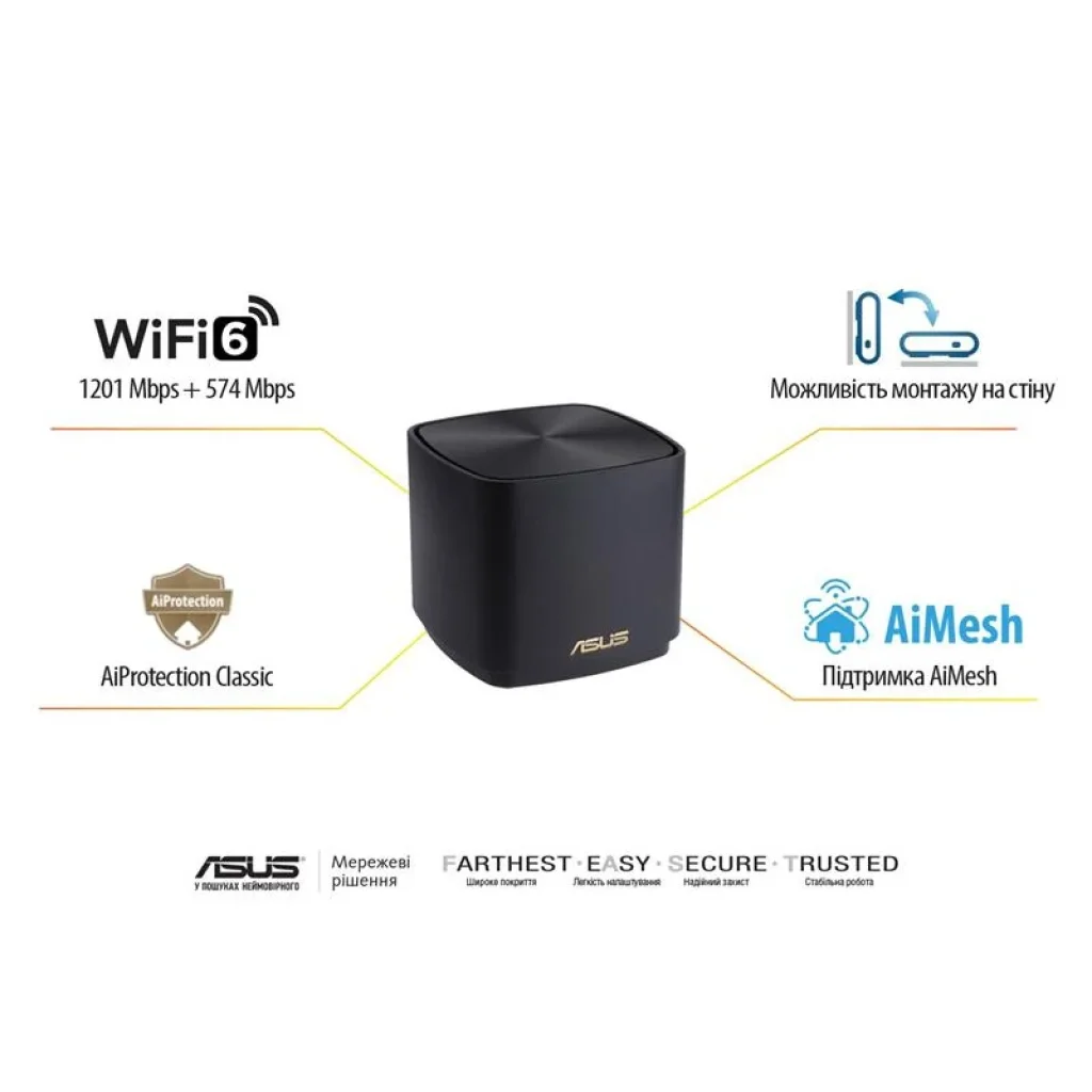 Wi-Fi Mesh система Asus ZenWiFi XD4 Plus 2pk Black (90IG07M0-MO3C30) (AX1800, 1xGE WAN/LAN, 1xGE LAN, AiMesh, 2 внутрішні антени) UA