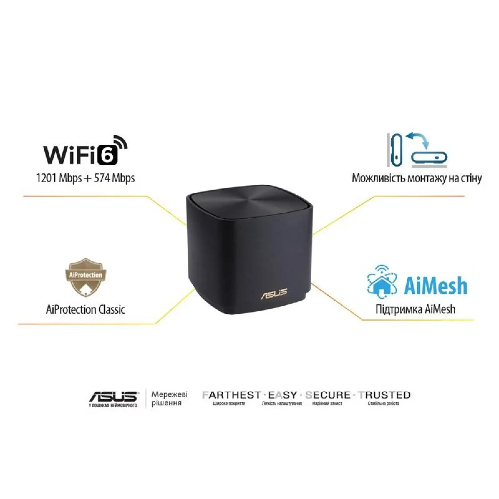 Wi-Fi Mesh система Asus ZenWiFi XD4 Plus 1pk Black (90IG07M0-MO3C10) (AX1800, 1xGE WAN/LAN, 1xGE LAN, AiMesh, 2 внутрішні антени) UA