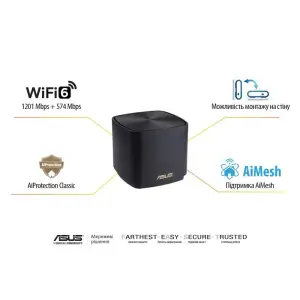 Wi-Fi Mesh система Asus ZenWiFi XD4 Plus 1pk Black (90IG07M0-MO3C10) (AX1800, 1xGE WAN/LAN, 1xGE LAN, AiMesh, 2 внутрішні антени) UA