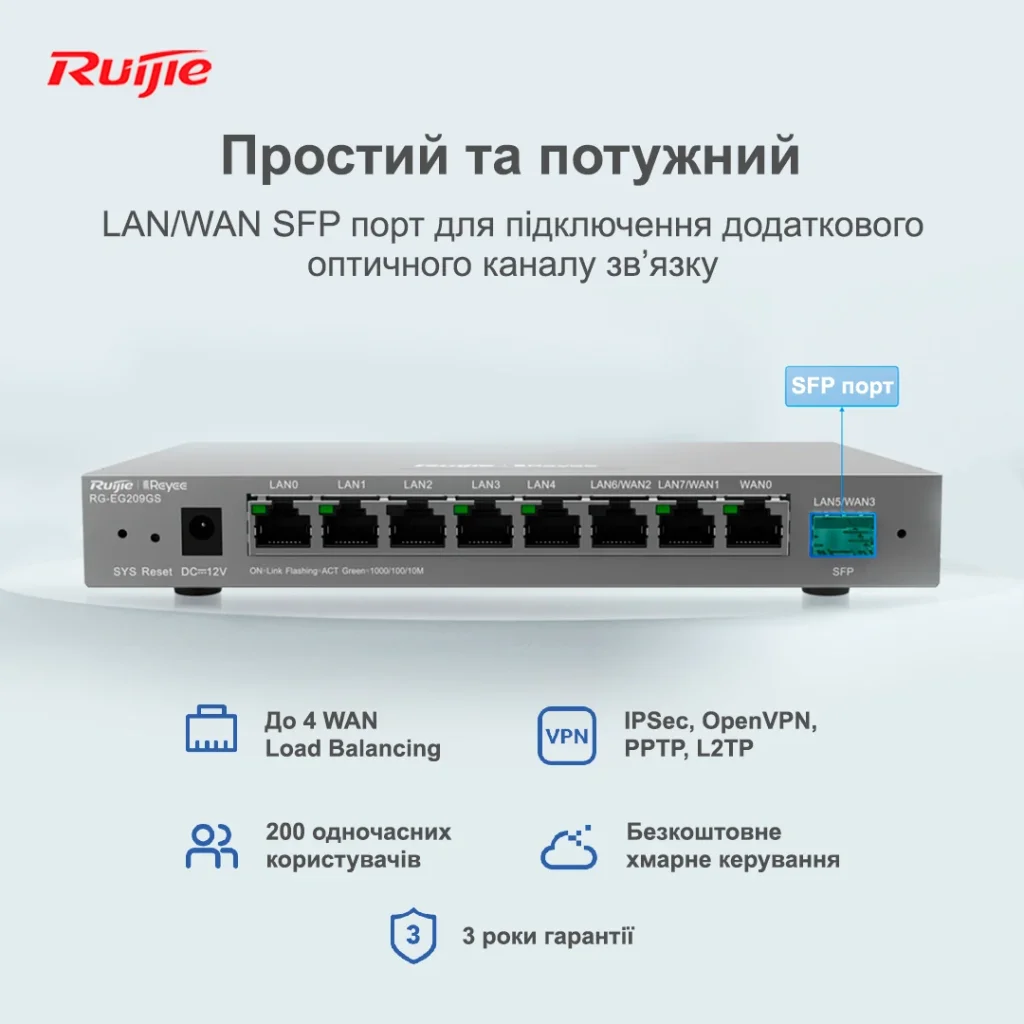 Маршрутизатор Ruijie Reyee RG-EG209GS (1xGE WAN, 1xSFP WAN/LAN, 2xGE WAN/LAN, 5xGE LAN, controller APs, Ipsec VPN, Cloud Managed) UA