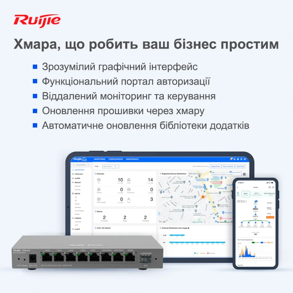 Маршрутизатор Ruijie Reyee RG-EG209GS (1xGE WAN, 1xSFP WAN/LAN, 2xGE WAN/LAN, 5xGE LAN, controller APs, Ipsec VPN, Cloud Managed) UA