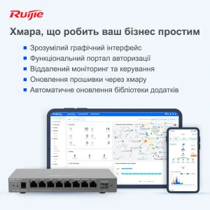Маршрутизатор Ruijie Reyee RG-EG209GS (1xGE WAN, 1xSFP WAN/LAN, 2xGE WAN/LAN, 5xGE LAN, controller APs, Ipsec VPN, Cloud Managed) UA