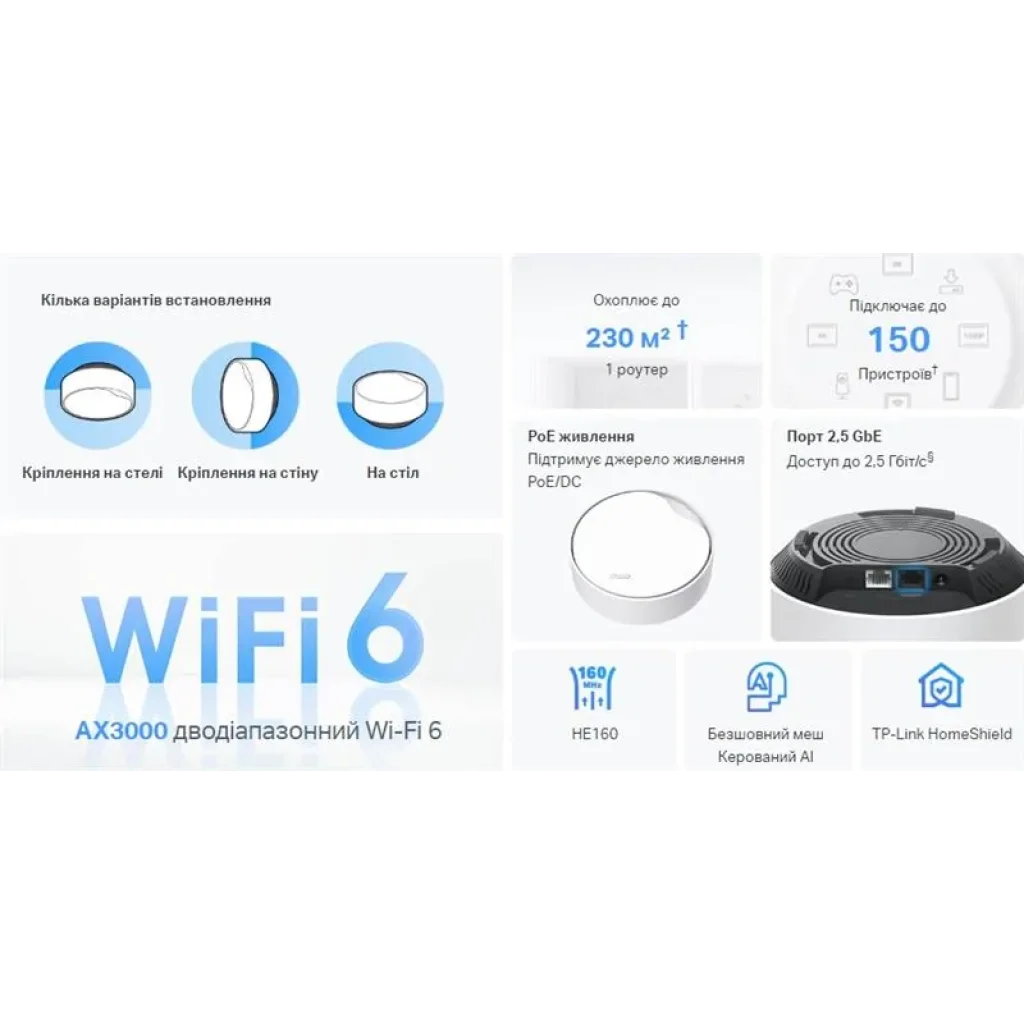 WiFi Mesh система TP-Link Deco X50 PoE (1-pack) (AX3000, 1xGE WAN/LAN,1x2.5GE WAN/LAN, MU-MIMO, OFDMA, 4 антени), DECO-X50-POE-1-PACK UA