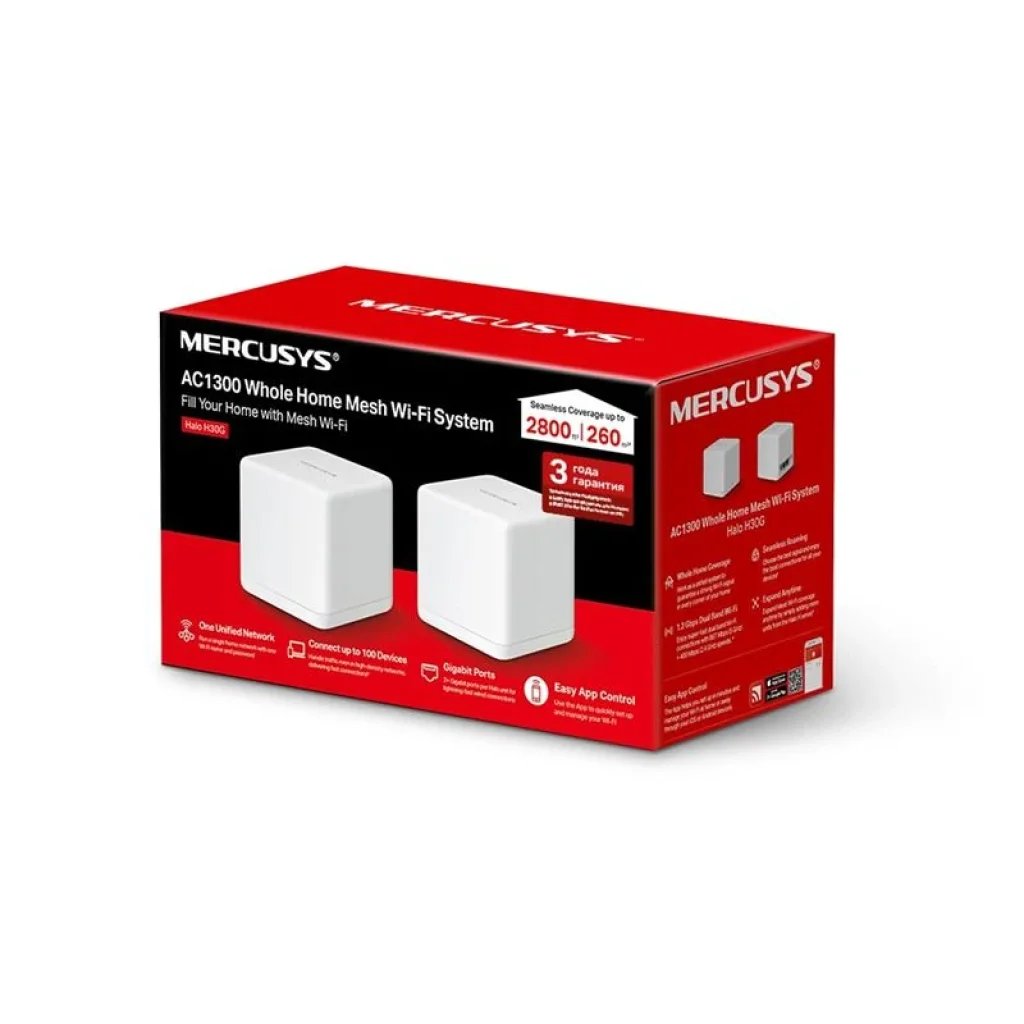 Бездротовий маршрутизатор Mercusys Halo H30G(2-pack) (AC1300, 2хGE WAN/LAN, Beamforming, MESH, 2-pack) UA
