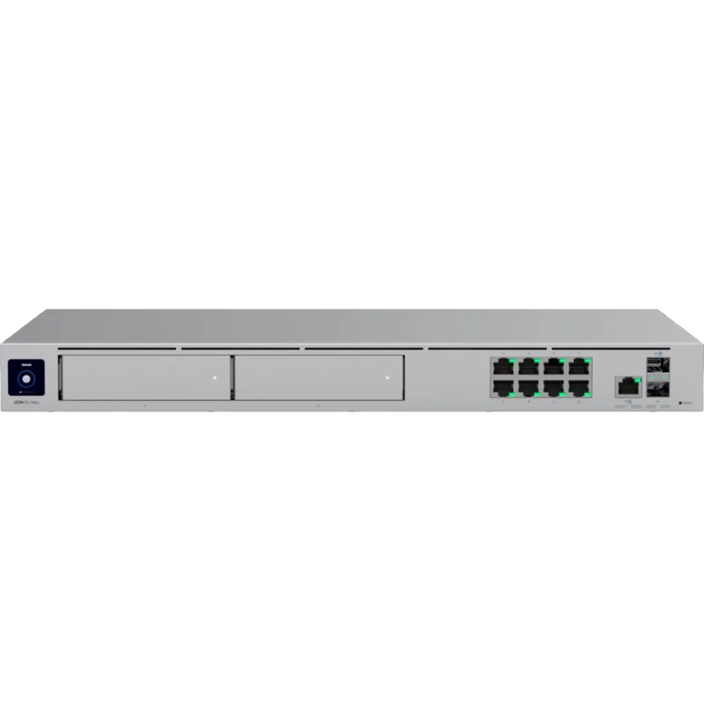 Маршрутизатор Ubiquiti UniFi Dream Machine Pro Max (UDM-PRO-MAX) (NVR+Cloud Key+Switch) (Dual WAN:1xSFP+, 1x2.5G WAN, 1xSFP+ LAN, 8xGE LAN, 128Gb SSD, BT, 1U rack mount) UA