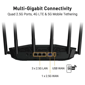 Беспроводной маршрутизатор Asus TUF Gaming BE6500 (TUF-BE6500) (90IG0920-MO9C00) (WiFi7, BE6500, Dual-band, Broadcom, 1x2.5GE WAN, 3x2.5GE LAN, 1xUSB 3.2, AiMesh, антенны: 6) UA