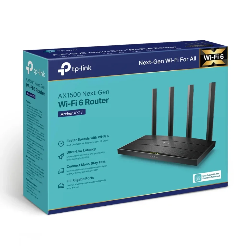 Бездротовий маршрутизатор TP-Link Archer AX17 (AX1500, Wi-Fi 6, 1хGE WAN, 3хGE LAN, MU-MIMO, Beamforming, OFDMA, 1024QAM, 4 антени зовнішніх) UA