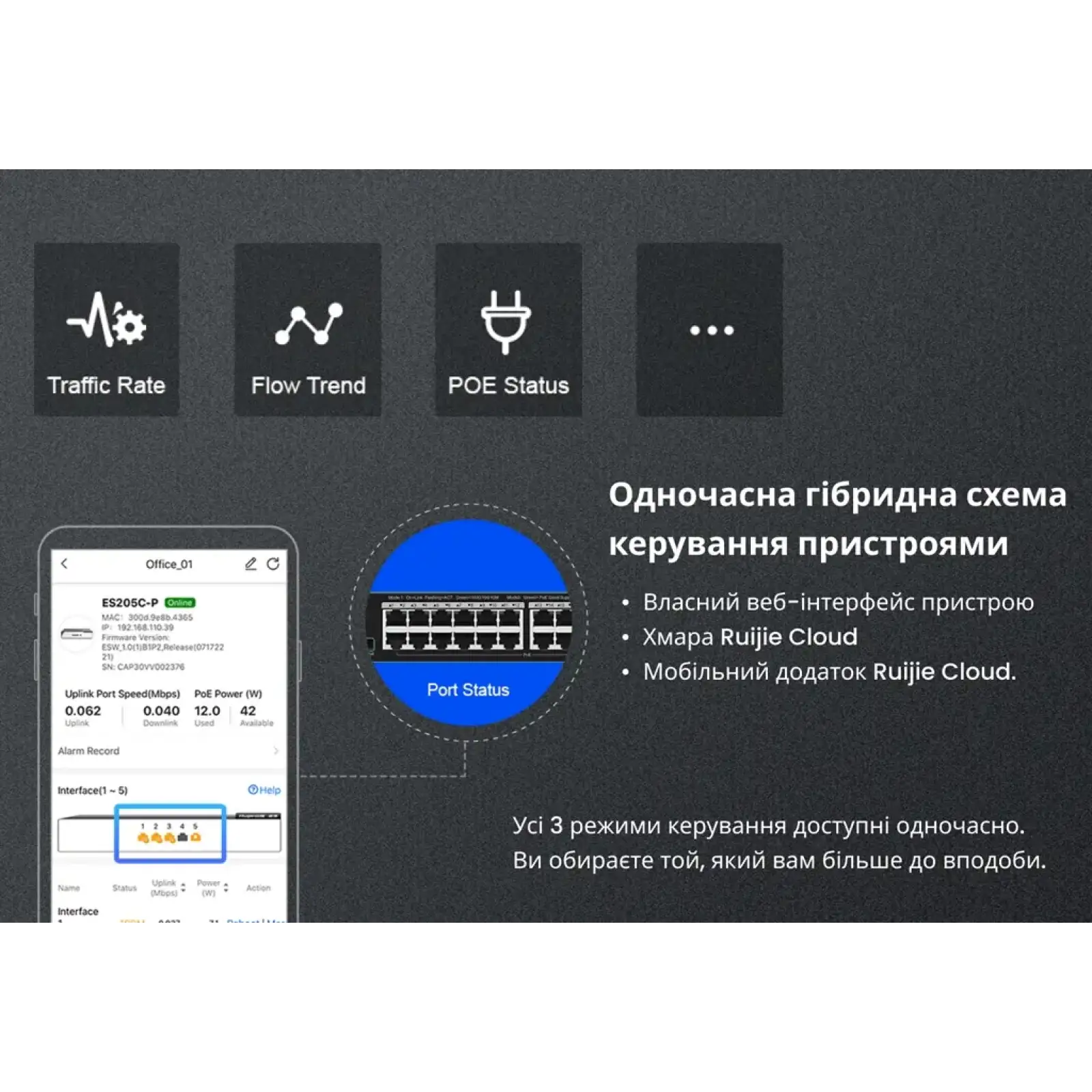 Коммутатор Ruijie Reyee RG-ES205GC (4xGE, 1xGE Uplink, CCTV, Cloud Managed, L2, настольный, бесшумный, металл) UA