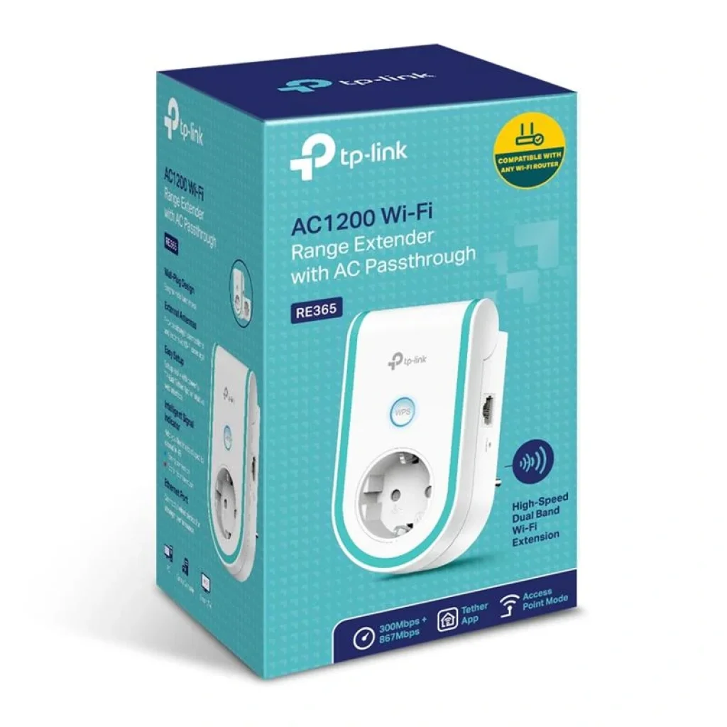 Бездротовий повторювач/розширювач WiFi сигналу TP-Link RE365 (AC1200, 1xFE LAN, 2 внутрішні антени, вбудована електрична розетка) UA