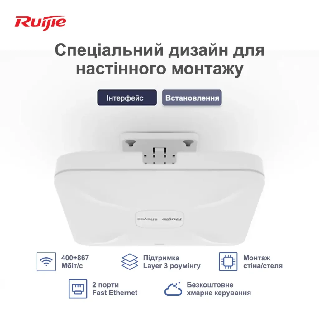 Точка доступу Ruijie Reyee RG-RAP2200(F) (AC1300, 2xFE, MU-MIMO, PoE, Ruijie Cloud) UA