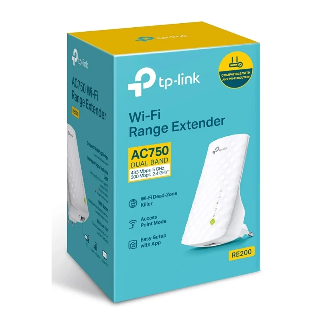 Точка доступу TP-Link RE200 (AC750, 100мВт, внутрішні антени, підсилювач бездротового сигналу, 1 порт RJ-45) UA