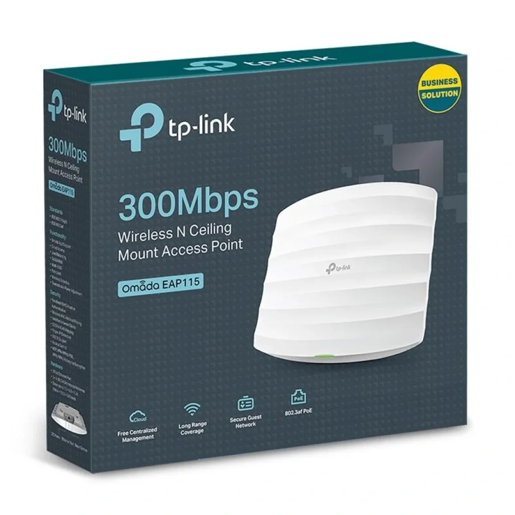 Точка доступу TP-Link EAP115 (1х100Мбит, 300Mbps, 100мВт, 2,4Ghz, 20дБм, стельова, PoE, EAP Controller, 2х3дБи) UA