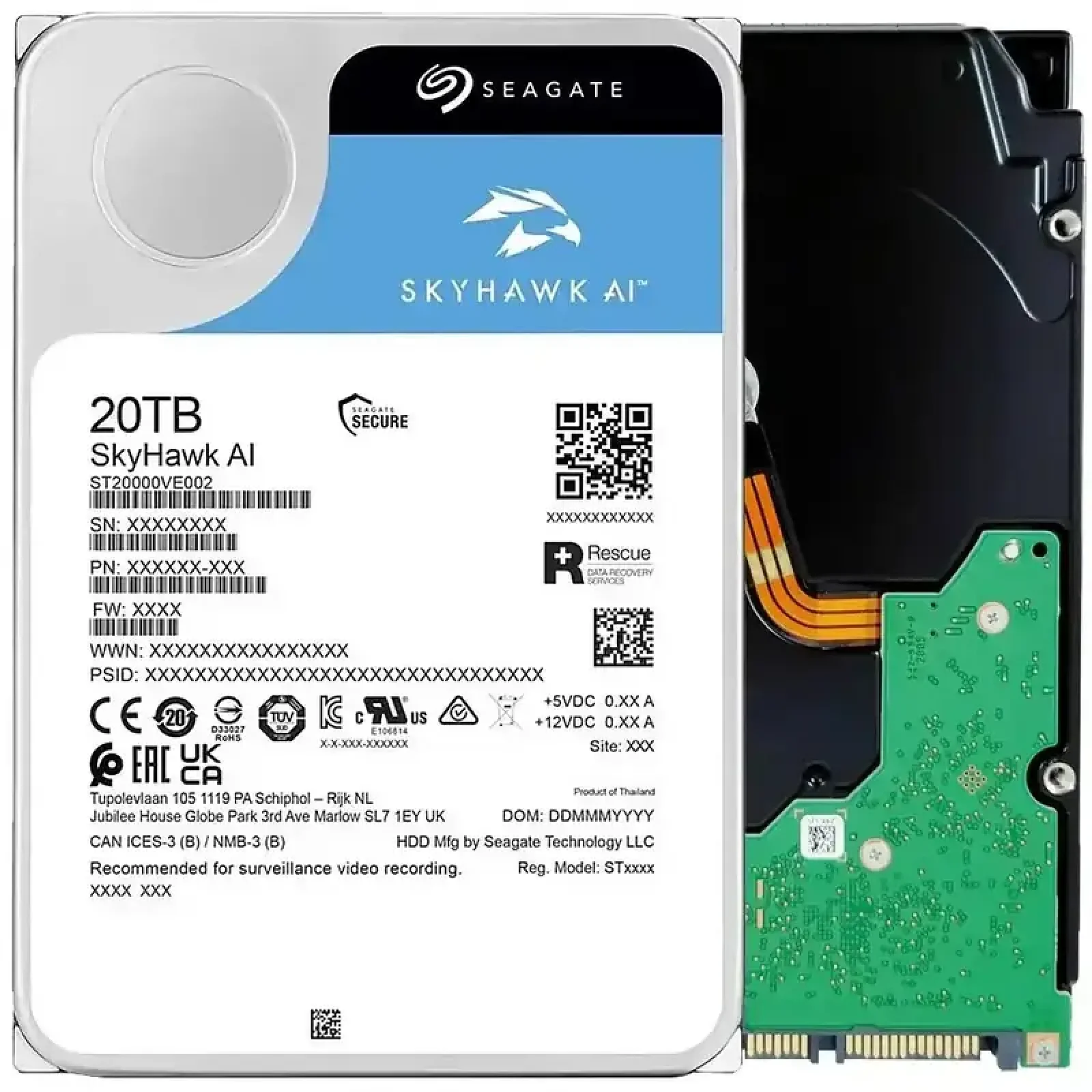Накопитель HDD SATA 20.0TB Seagate SkyHawk AI Surveillance 7200rpm 256MB (ST20000VE002) UA