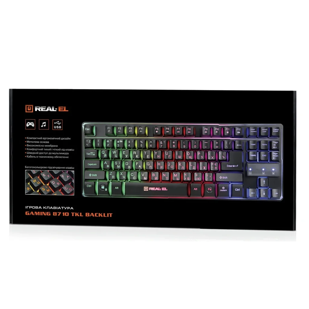 Клавіатура REAL-EL Gaming 8710 TKL Backlit Ukr Black, EL123100030 UA