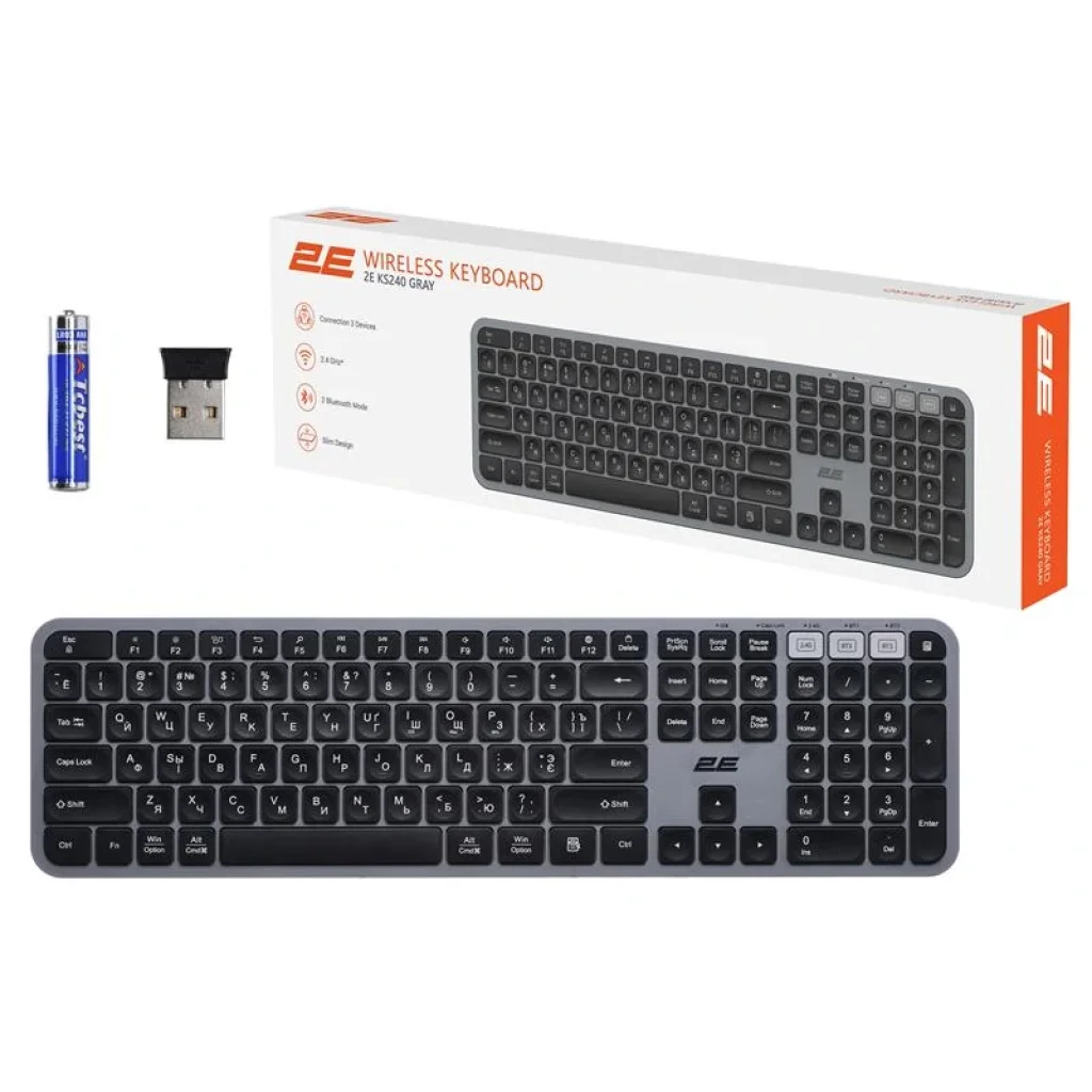 Клавіатура бездротова 2E KS240 WL BT Gray (2E-KS240WG) UA