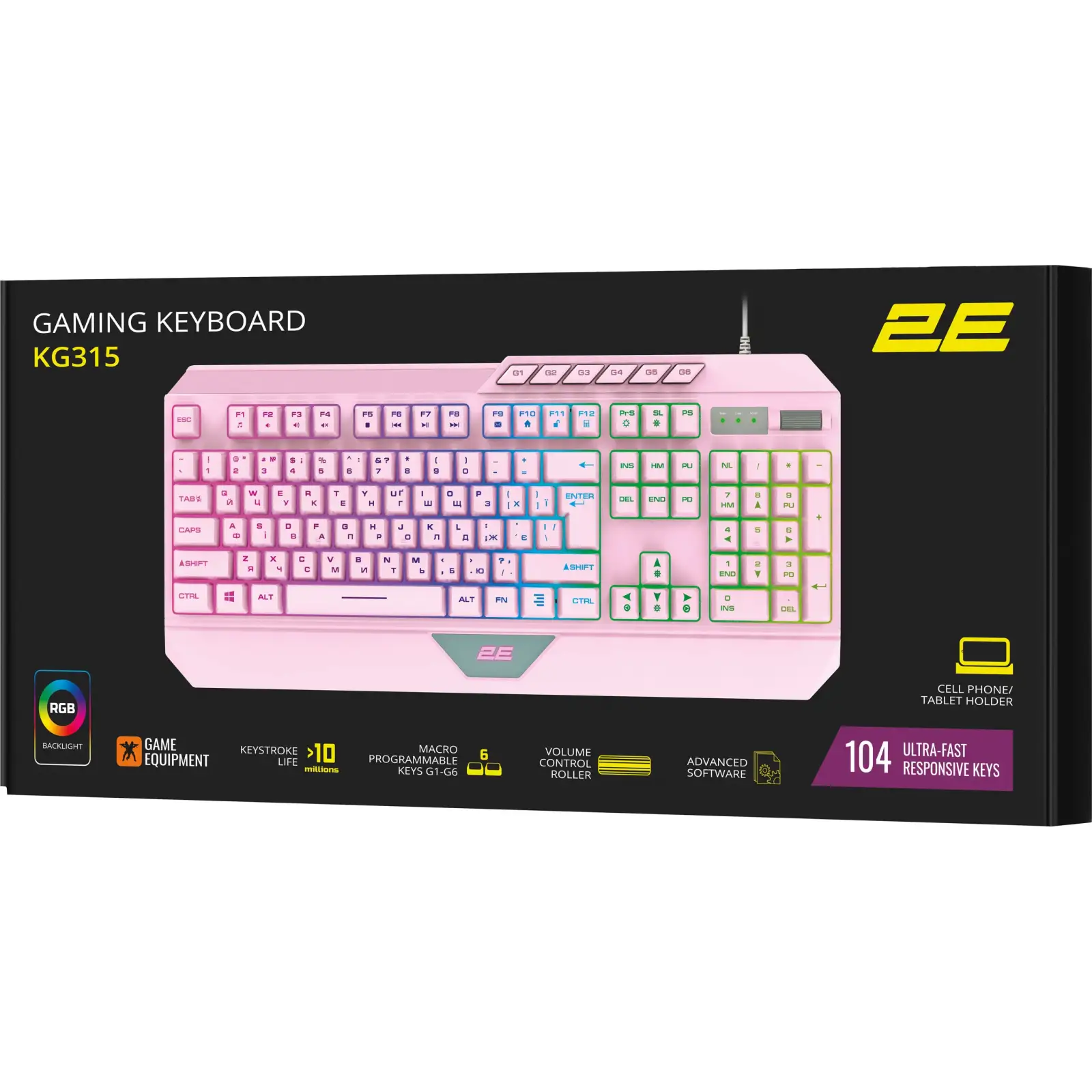 Клавиатура 2E Gaming KG315 RGB USB Pink Ukr (2E-KG315UPK) UA