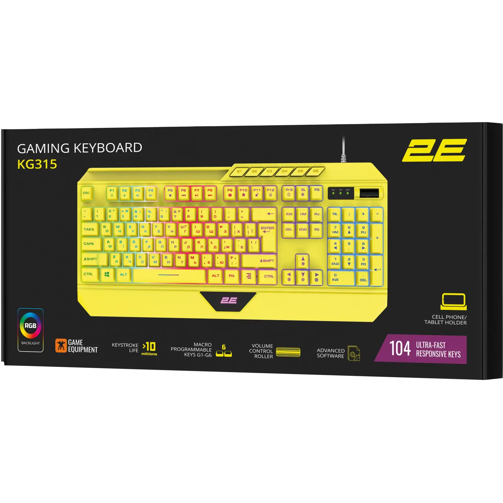 Клавіатура 2E Gaming KG315 RGB USB Yellow Ukr (2E-KG315UYW) UA