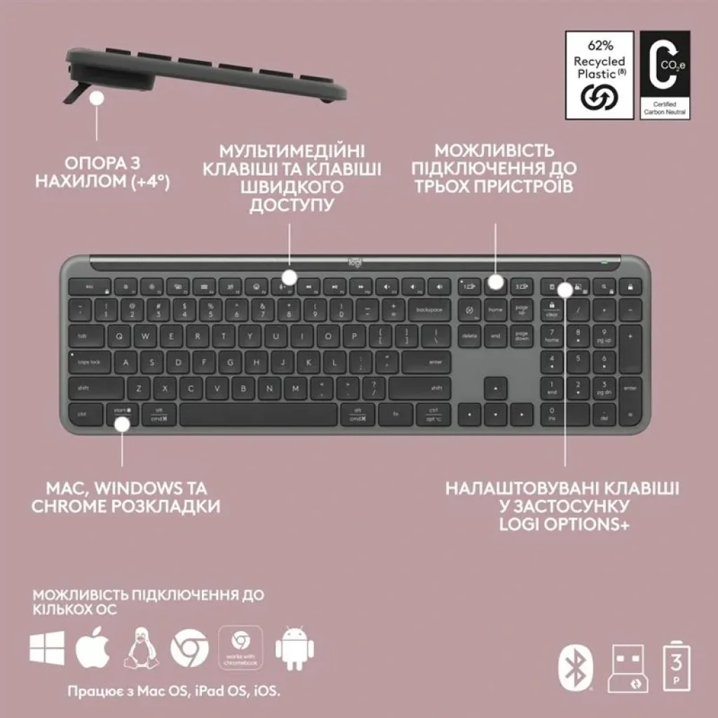 Клавиатура беспроводная Logitech Signature Slim K950 US Graphite USB (920-012465) UA