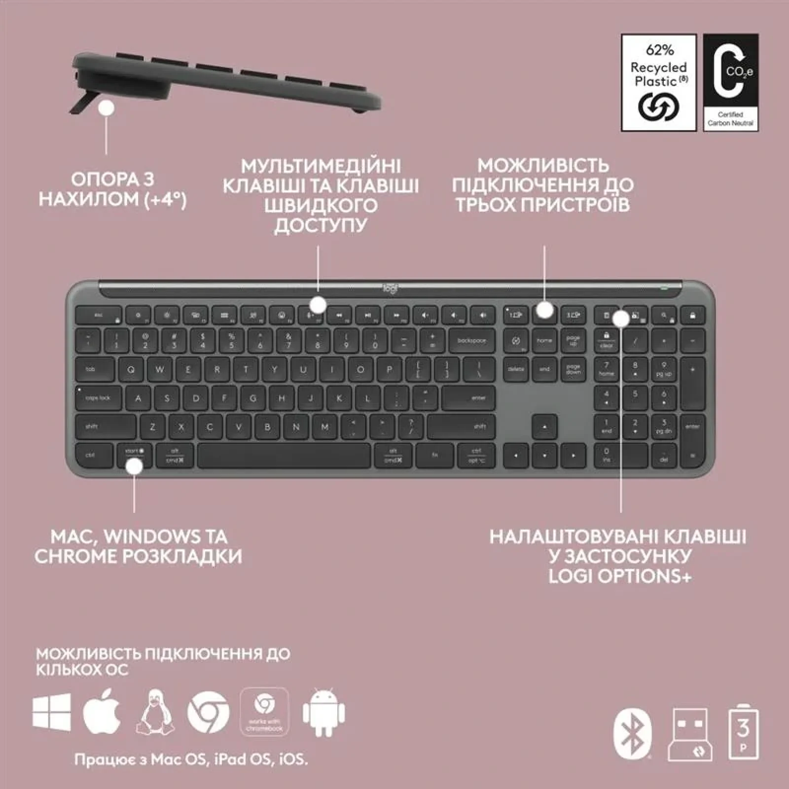 Клавиатура беспроводная Logitech Signature Slim K950 US Graphite USB (920-012465) UA