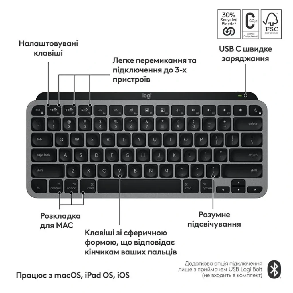 Клавіатура бездротова Logitech MX Keys Mini for Mac Minimalist Wireless Illuminated Space Gray (920-012652) UA