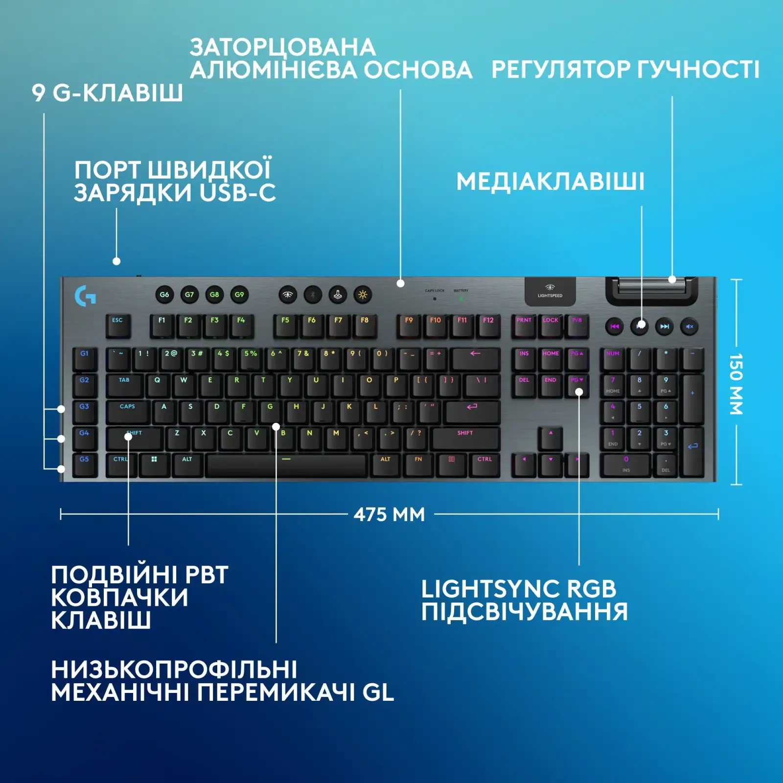 Клавиатура беспроводная Logitech G915 X Lightspeed Wireless Clicky Black (920-012709) UA