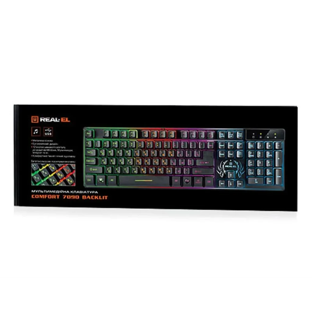 Клавіатура REAL-EL Comfort 7090 Backlit Black USB, EL123100031 UA