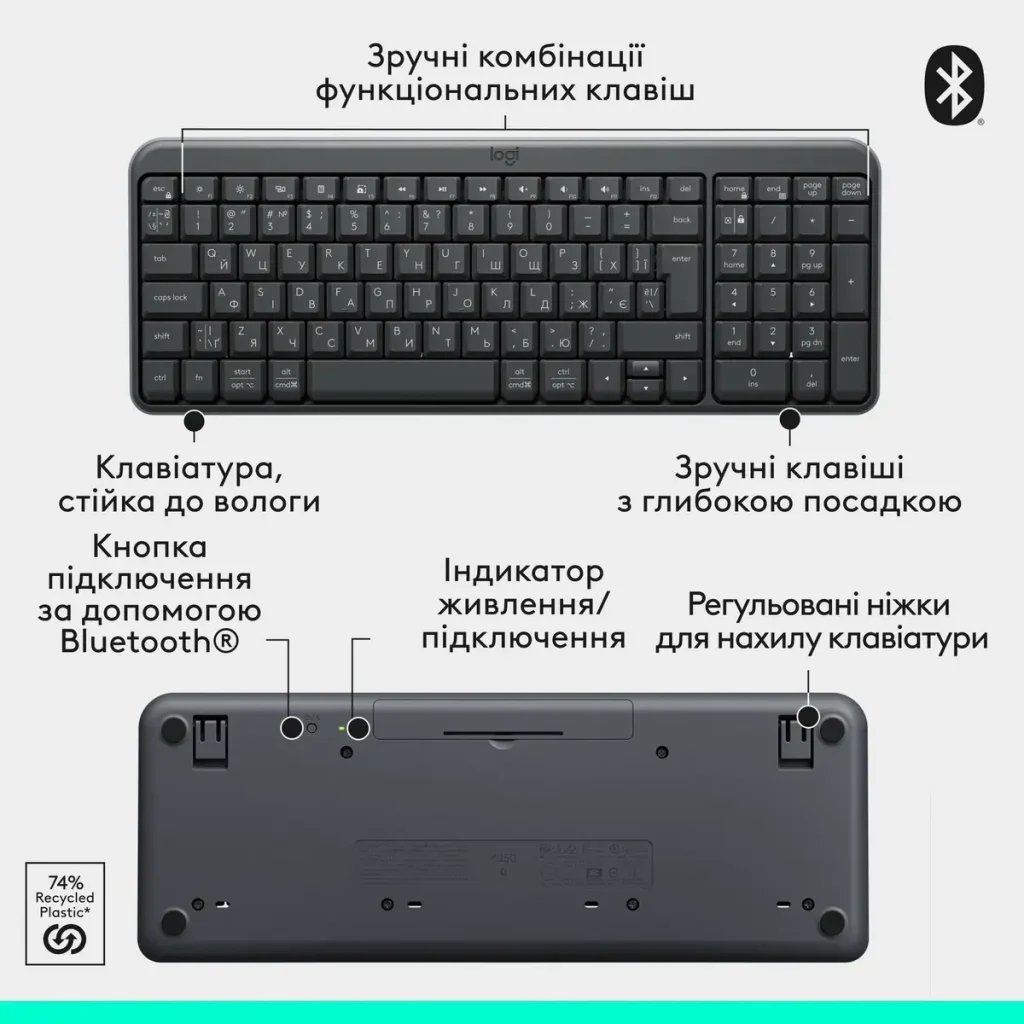 Клавiатура бездротова Logitech K250 Graphite (920-013822) UA