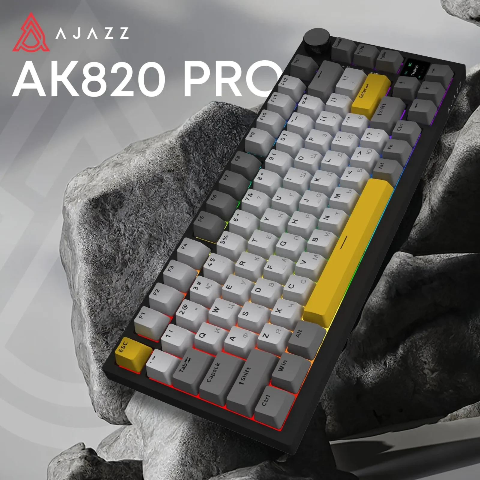 Клавіатура бездротова Ajazz AK820 Pro Flying Fish Switch Black RGB With Screen (AK820PRO-FF-BGY) UA