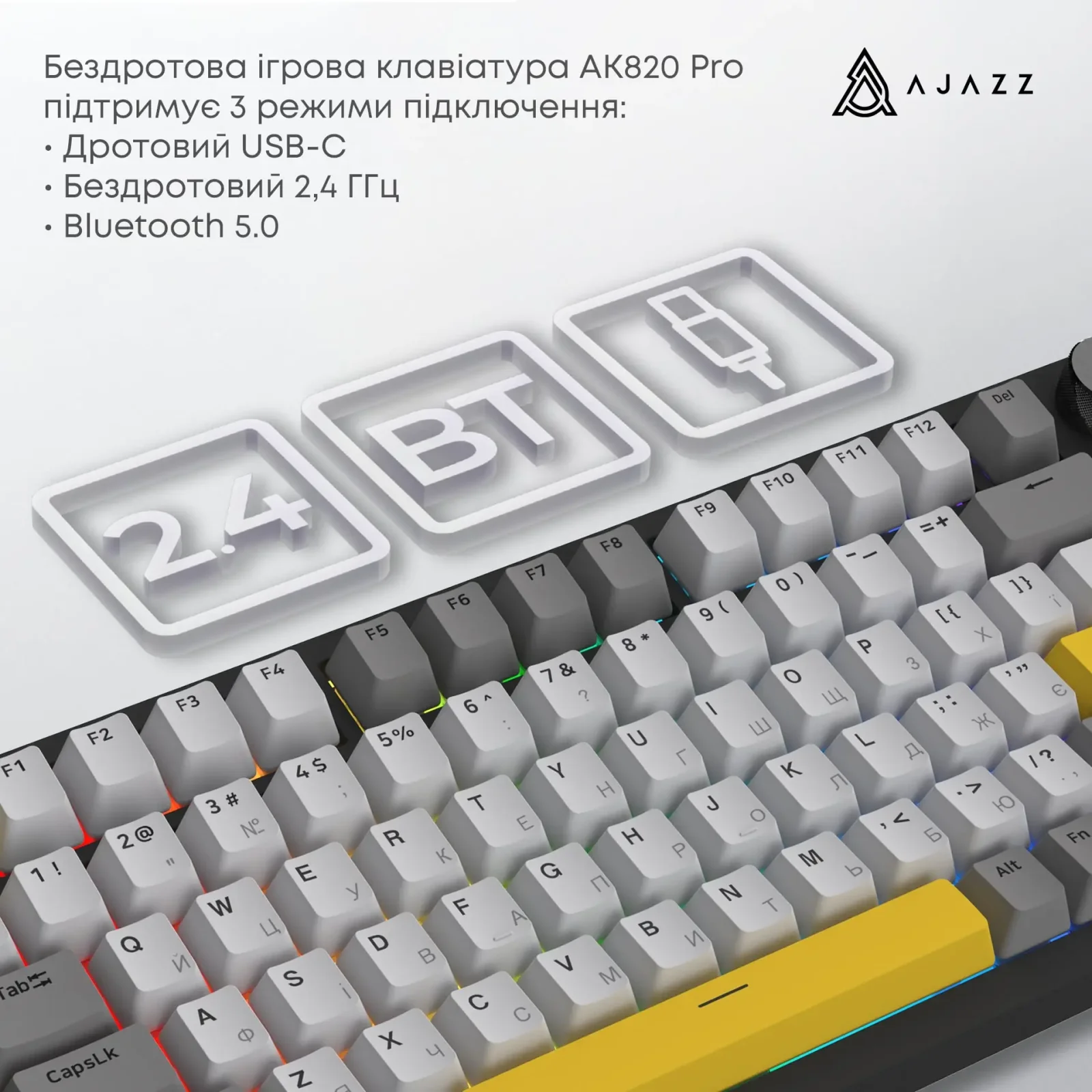 Клавіатура бездротова Ajazz AK820 Pro Flying Fish Switch Black RGB With Screen (AK820PRO-FF-BGY) UA