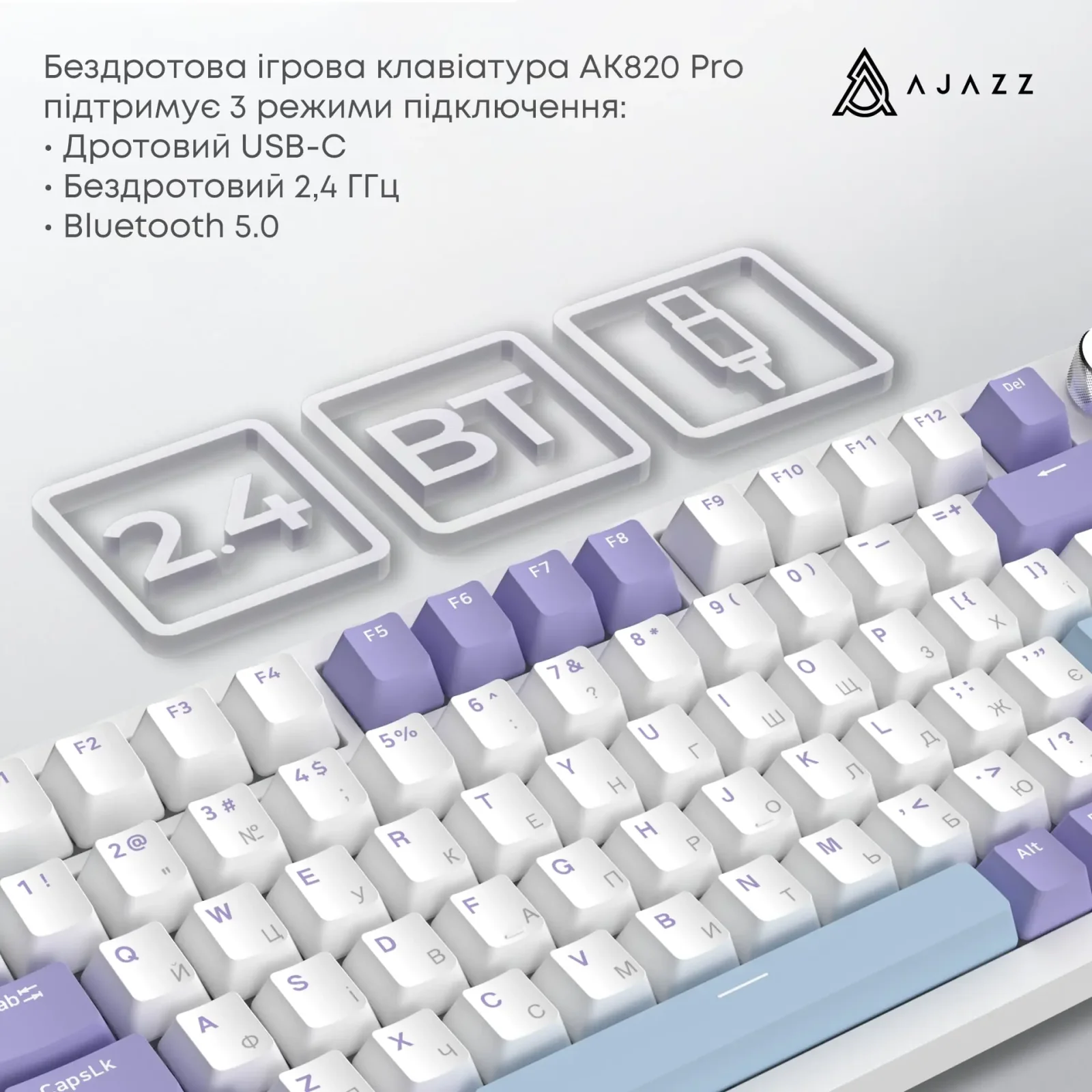 Клавіатура бездротова Ajazz AK820 Pro Flying Fish Switch Purple RGB With Screen (AK820PRO-FF-PWB) UA